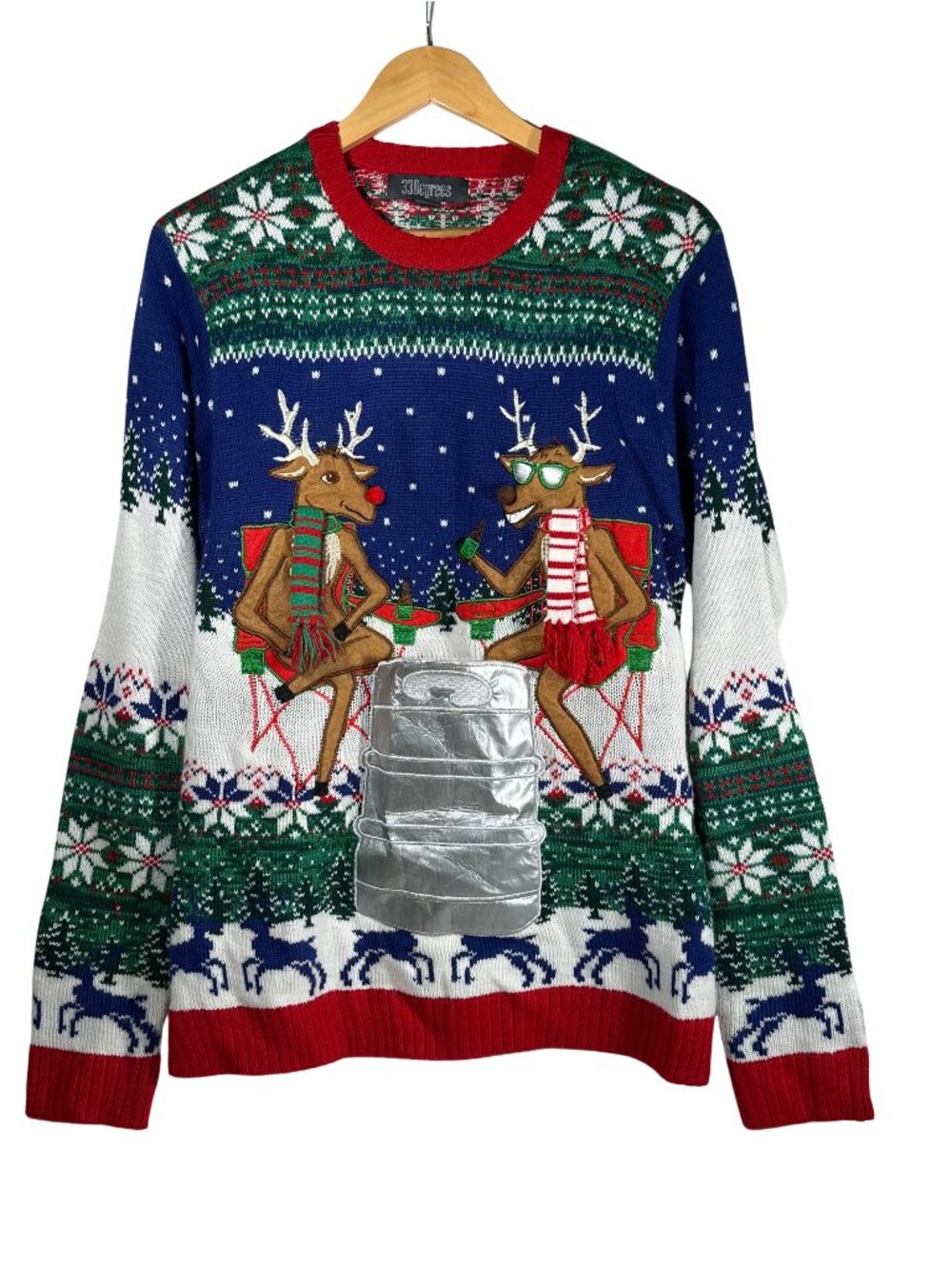 33 Degrees Mens M Ugly Christmas Sweater Reindeer Drink Holder Fair Isle Holiday